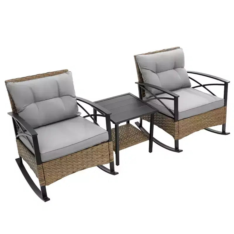Ensemble de 3 fauteuils à bascule d'extérieur en rotin Zeus et Ruta, chaises de jardin avec coussins, gris