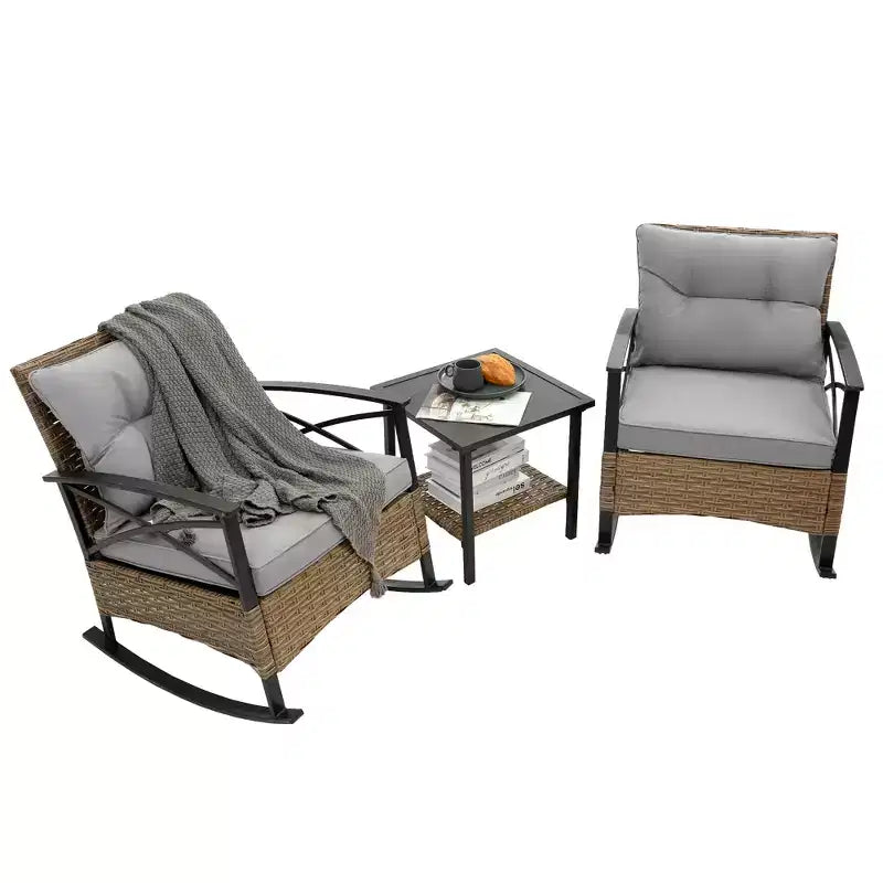 Ensemble de 3 fauteuils à bascule d'extérieur en rotin Zeus et Ruta, chaises de jardin avec coussins, gris