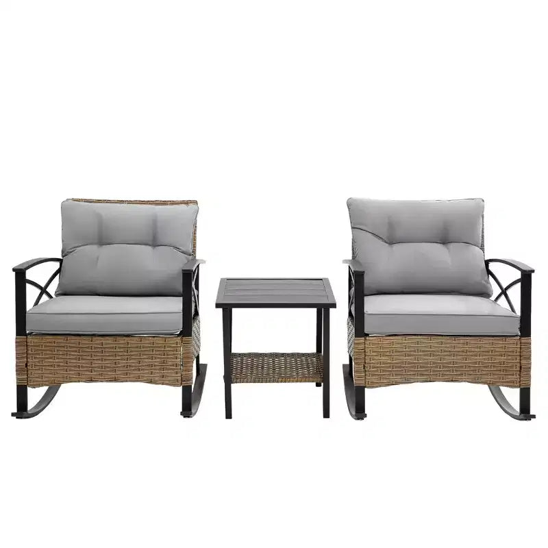 Ensemble de 3 fauteuils à bascule d'extérieur en rotin Zeus et Ruta, chaises de jardin avec coussins, gris