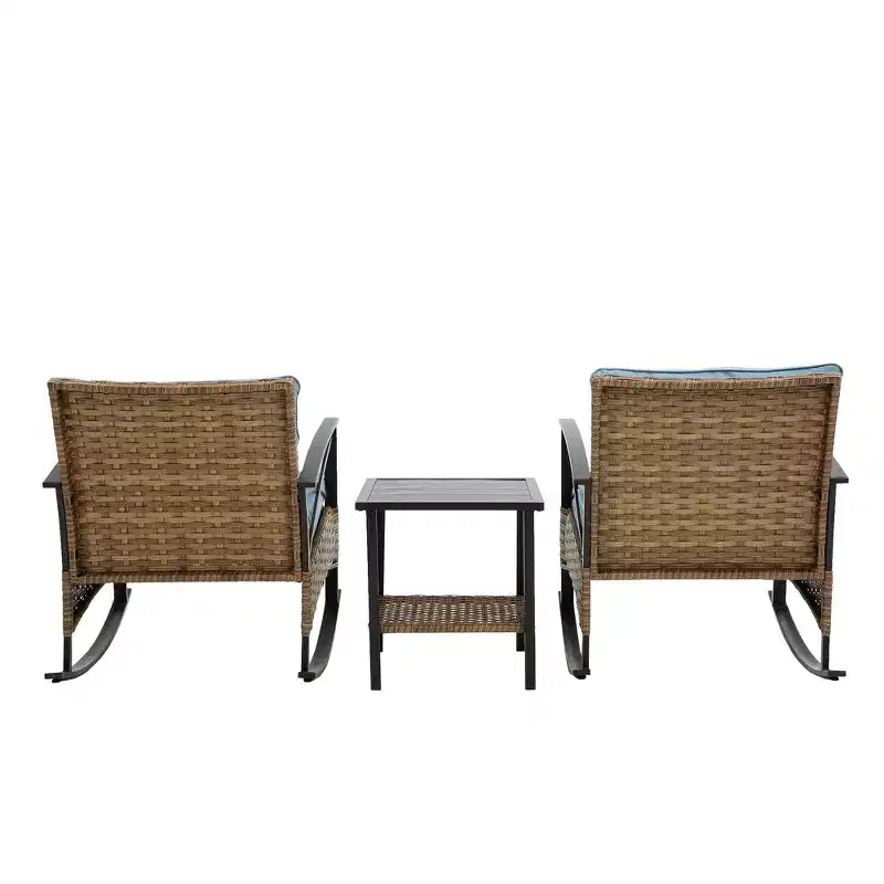 Ensemble de 3 fauteuils à bascule d'extérieur en rotin Zeus et Ruta, chaises de jardin avec coussins, gris