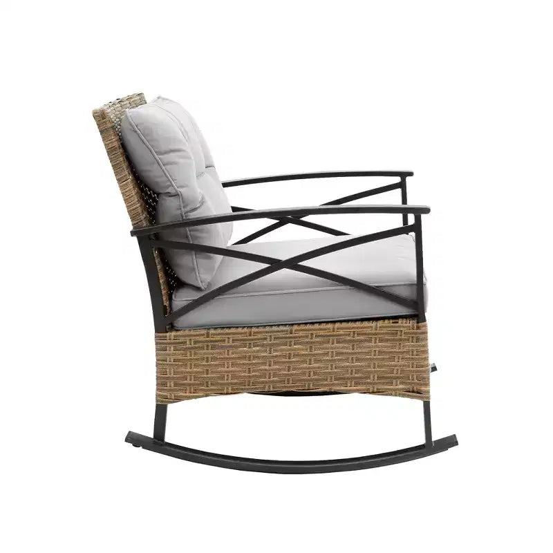 Ensemble de 3 fauteuils à bascule d'extérieur en rotin Zeus et Ruta, chaises de jardin avec coussins, gris