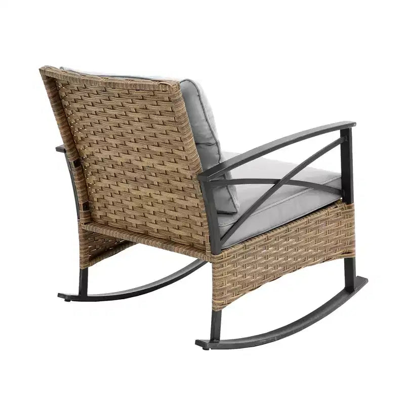 Ensemble de 3 fauteuils à bascule d'extérieur en rotin Zeus et Ruta, chaises de jardin avec coussins, gris