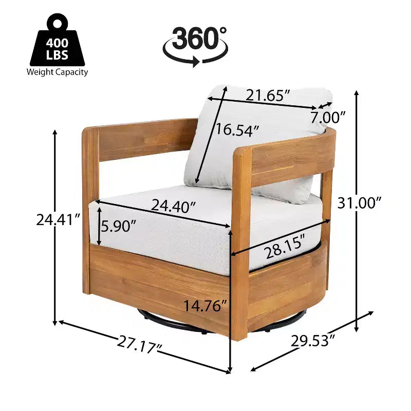 Fauteuil d'appoint pivotant d'extérieur ModernLuxe, fauteuil de jardin avec coussins épais, fauteuil pivotant moderne, cadre en bois d'acacia