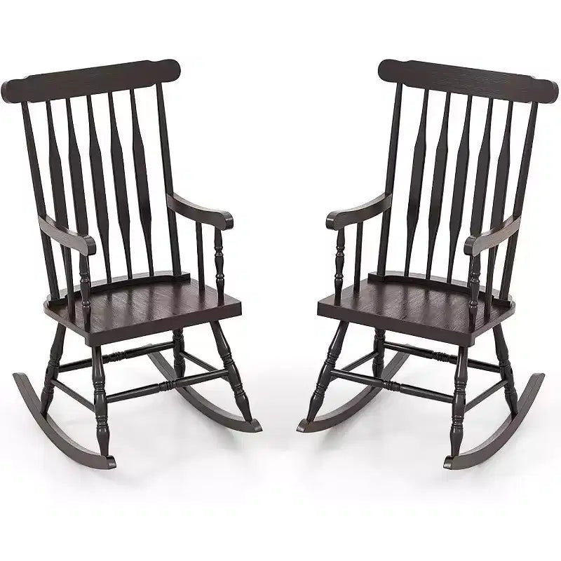 Gymax 2PC Durable Solid Wood Rocking Chair with Glossy Finish Suitable for Both Indoor and Outdoor Use on Porches