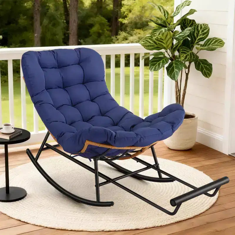 Fauteuil à bascule Papasan surdimensionné - Fauteuil à bascule en rotin intérieur/extérieur avec coussin amovible et repose-pieds pour patio, porche, salon, chambre, pelouse, jardin