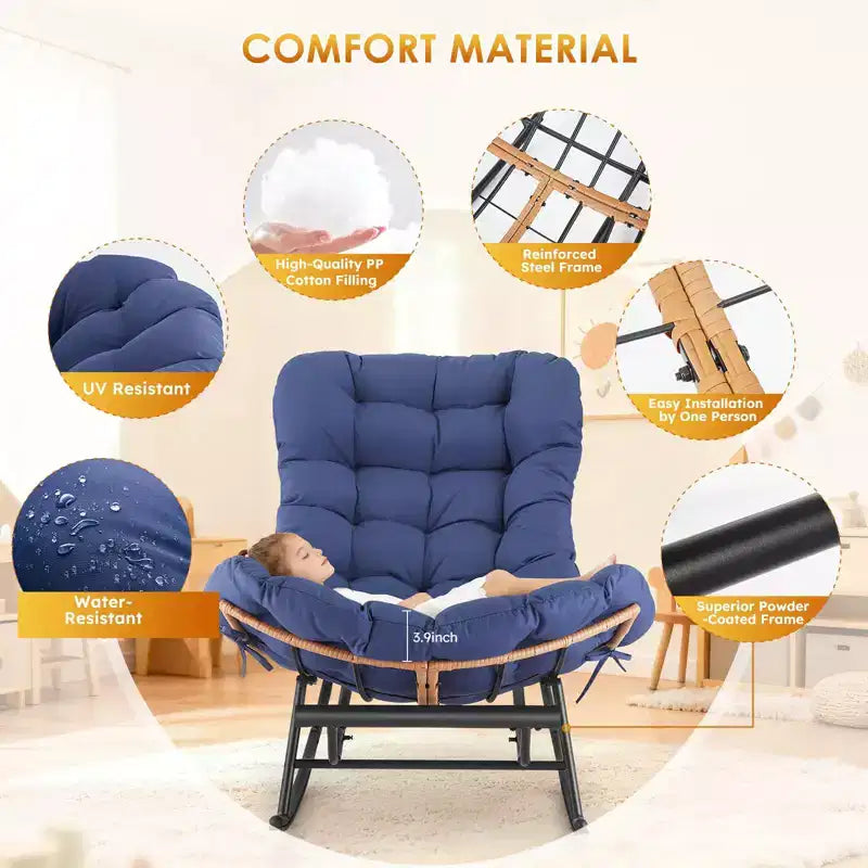 Fauteuil à bascule Papasan surdimensionné - Fauteuil à bascule en rotin intérieur/extérieur avec coussin amovible et repose-pieds pour patio, porche, salon, chambre, pelouse, jardin