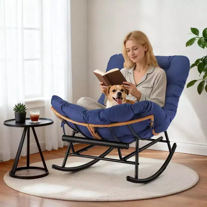 Fauteuil à bascule Papasan surdimensionné - Fauteuil à bascule en rotin intérieur/extérieur avec coussin amovible et repose-pieds pour patio, porche, salon, chambre, pelouse, jardin
