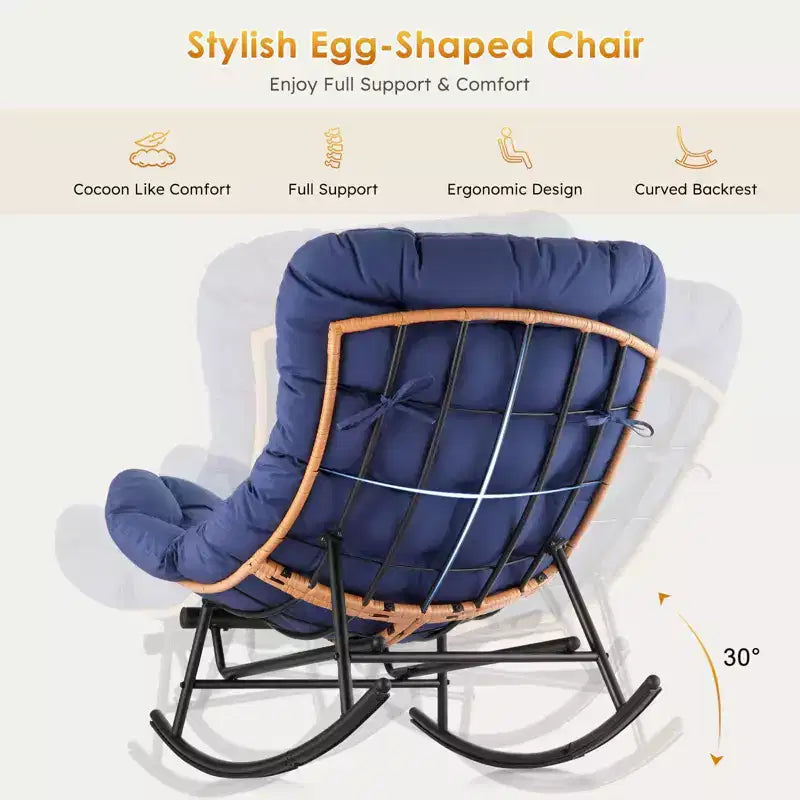Fauteuil à bascule Papasan surdimensionné - Fauteuil à bascule en rotin intérieur/extérieur avec coussin amovible et repose-pieds pour patio, porche, salon, chambre, pelouse, jardin