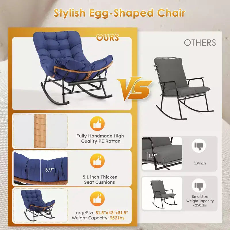 Fauteuil à bascule Papasan surdimensionné - Fauteuil à bascule en rotin intérieur/extérieur avec coussin amovible et repose-pieds pour patio, porche, salon, chambre, pelouse, jardin