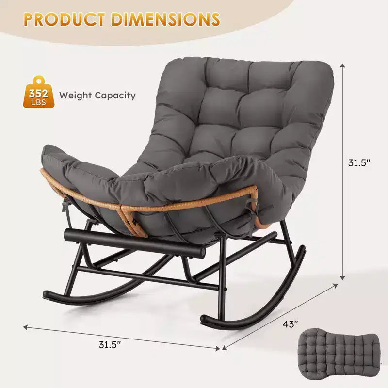 Fauteuil à bascule Papasan surdimensionné - Fauteuil à bascule en rotin intérieur/extérieur avec coussin amovible et repose-pieds pour patio, porche, salon, chambre, pelouse, jardin