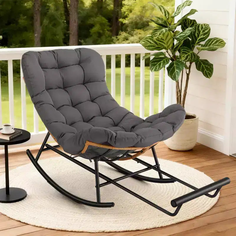 Fauteuil à bascule Papasan surdimensionné - Fauteuil à bascule en rotin intérieur/extérieur avec coussin amovible et repose-pieds pour patio, porche, salon, chambre, pelouse, jardin