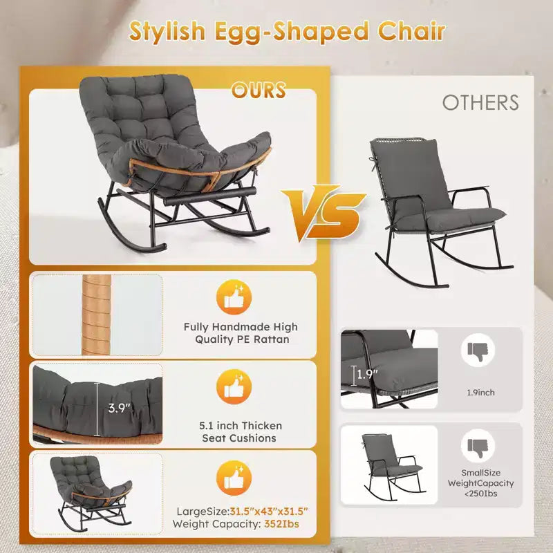 Fauteuil à bascule Papasan surdimensionné - Fauteuil à bascule en rotin intérieur/extérieur avec coussin amovible et repose-pieds pour patio, porche, salon, chambre, pelouse, jardin