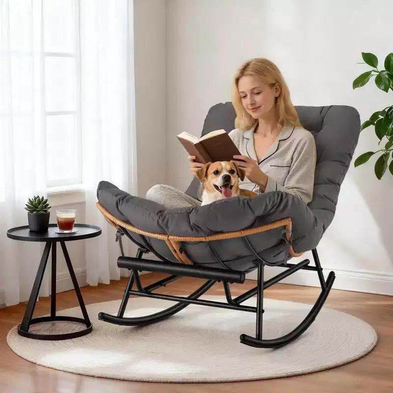 Fauteuil à bascule Papasan surdimensionné - Fauteuil à bascule en rotin intérieur/extérieur avec coussin amovible et repose-pieds pour patio, porche, salon, chambre, pelouse, jardin