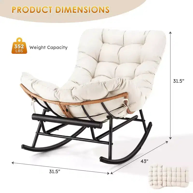 Fauteuil à bascule Papasan surdimensionné - Fauteuil à bascule en rotin intérieur/extérieur avec coussin amovible et repose-pieds pour patio, porche, salon, chambre, pelouse, jardin