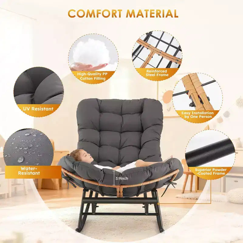 Fauteuil à bascule Papasan surdimensionné - Fauteuil à bascule en rotin intérieur/extérieur avec coussin amovible et repose-pieds pour patio, porche, salon, chambre, pelouse, jardin
