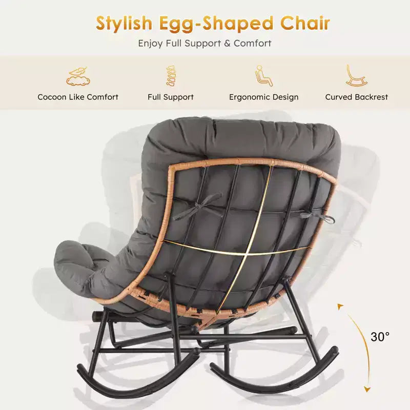 Fauteuil à bascule Papasan surdimensionné - Fauteuil à bascule en rotin intérieur/extérieur avec coussin amovible et repose-pieds pour patio, porche, salon, chambre, pelouse, jardin