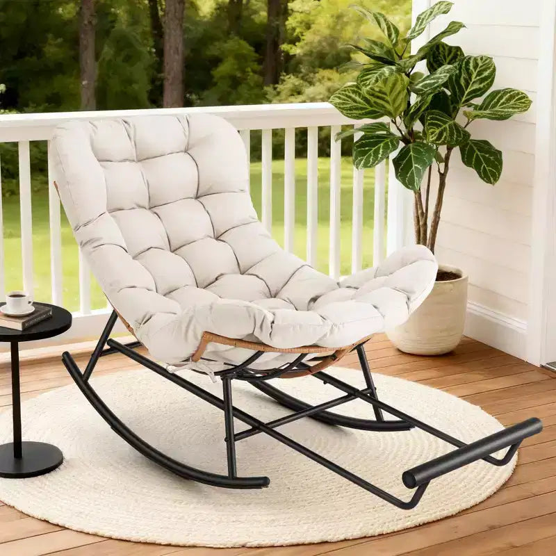 Fauteuil à bascule Papasan surdimensionné - Fauteuil à bascule en rotin intérieur/extérieur avec coussin amovible et repose-pieds pour patio, porche, salon, chambre, pelouse, jardin
