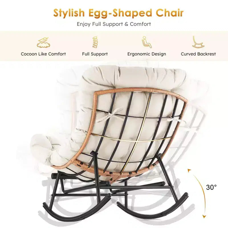 Fauteuil à bascule Papasan surdimensionné - Fauteuil à bascule en rotin intérieur/extérieur avec coussin amovible et repose-pieds pour patio, porche, salon, chambre, pelouse, jardin