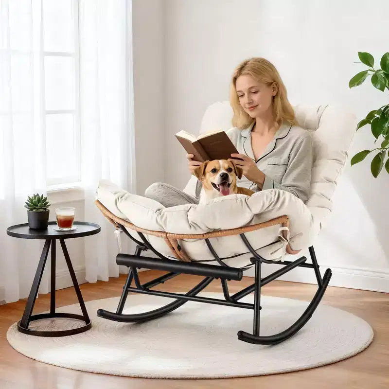 Fauteuil à bascule Papasan surdimensionné - Fauteuil à bascule en rotin intérieur/extérieur avec coussin amovible et repose-pieds pour patio, porche, salon, chambre, pelouse, jardin