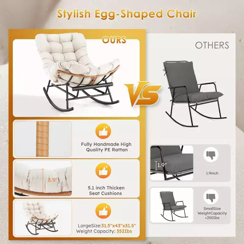 Fauteuil à bascule Papasan surdimensionné - Fauteuil à bascule en rotin intérieur/extérieur avec coussin amovible et repose-pieds pour patio, porche, salon, chambre, pelouse, jardin