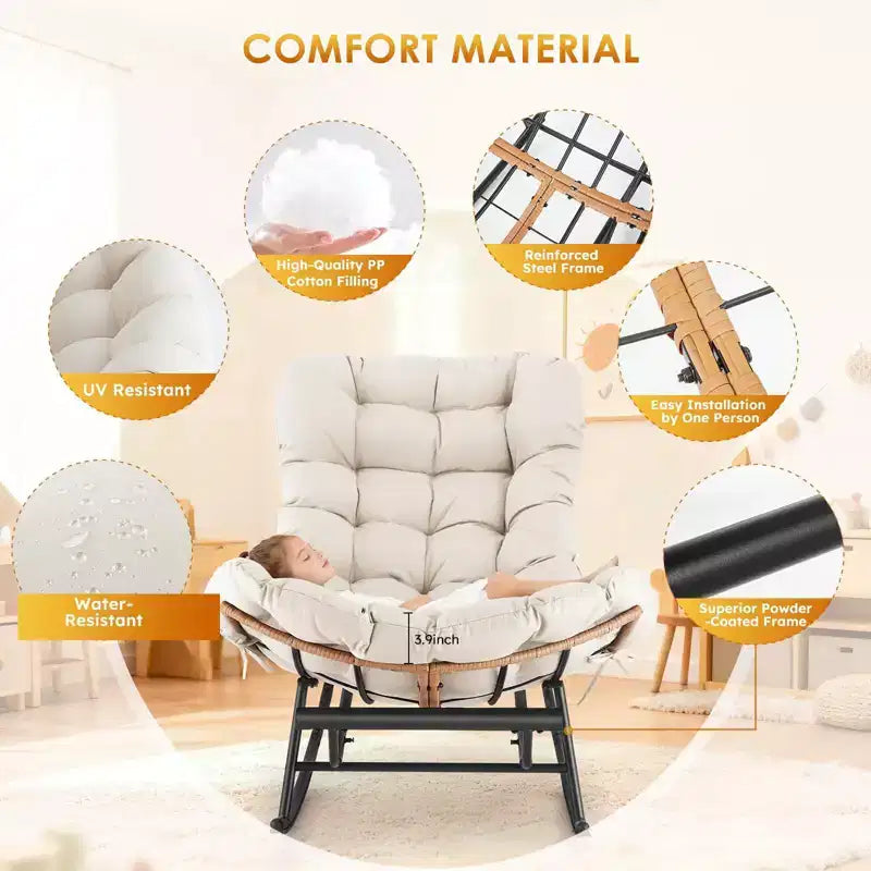 Fauteuil à bascule Papasan surdimensionné - Fauteuil à bascule en rotin intérieur/extérieur avec coussin amovible et repose-pieds pour patio, porche, salon, chambre, pelouse, jardin