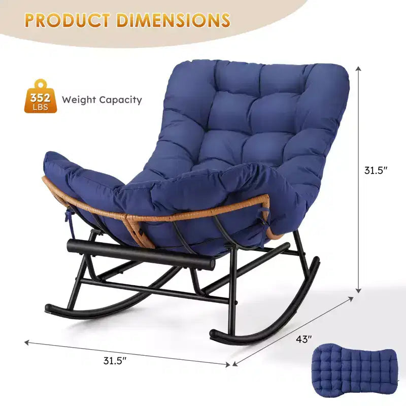 Fauteuil à bascule Papasan surdimensionné - Fauteuil à bascule en rotin intérieur/extérieur avec coussin amovible et repose-pieds pour patio, porche, salon, chambre, pelouse, jardin