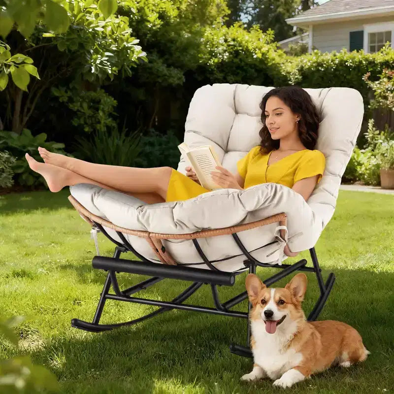 Oversized Papasan Rocker - Indoor/Outdoor Rattan Rocking Chair with Removable Cushion & Footrest for Patio, Porch, Living Room, Bedroom, Lawn,Garden