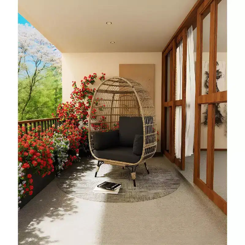 Fauteuil œuf surdimensionné intérieur/extérieur avec cadre en acier – Chaise longue suspendue en rotin osier pour patio, jardin, salon