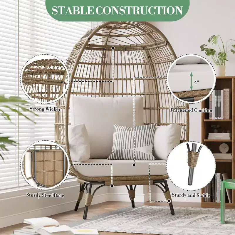Fauteuil œuf surdimensionné intérieur/extérieur avec cadre en acier – Chaise longue suspendue en rotin osier pour patio, jardin, salon