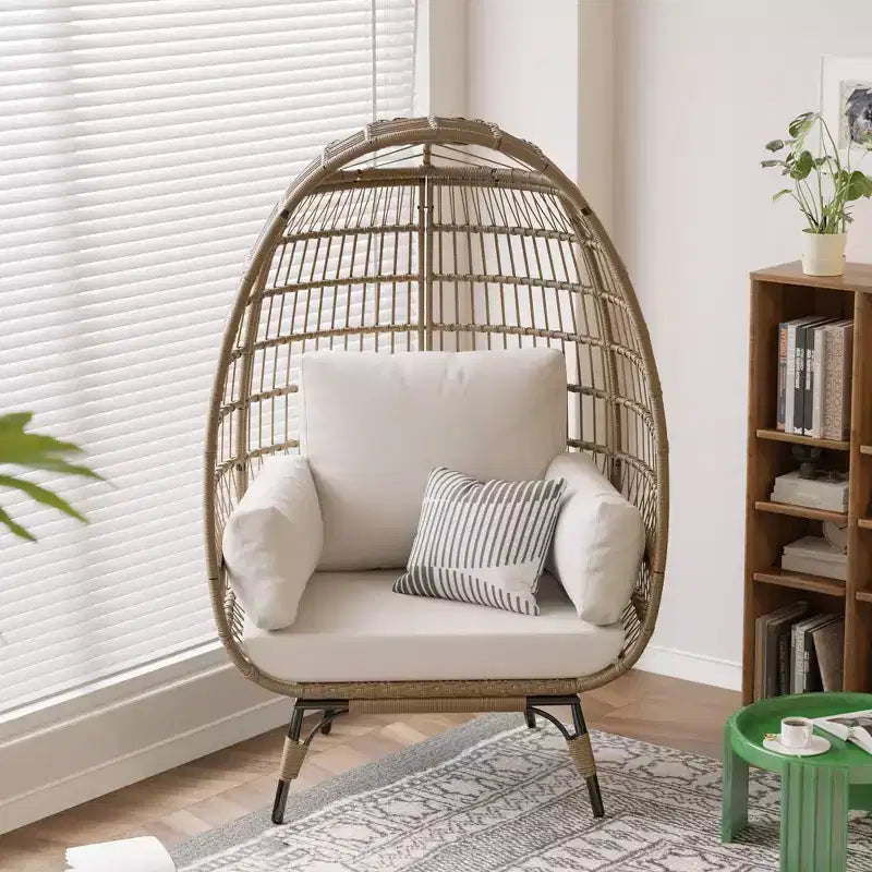 Fauteuil œuf surdimensionné intérieur/extérieur avec cadre en acier – Chaise longue suspendue en rotin osier pour patio, jardin, salon