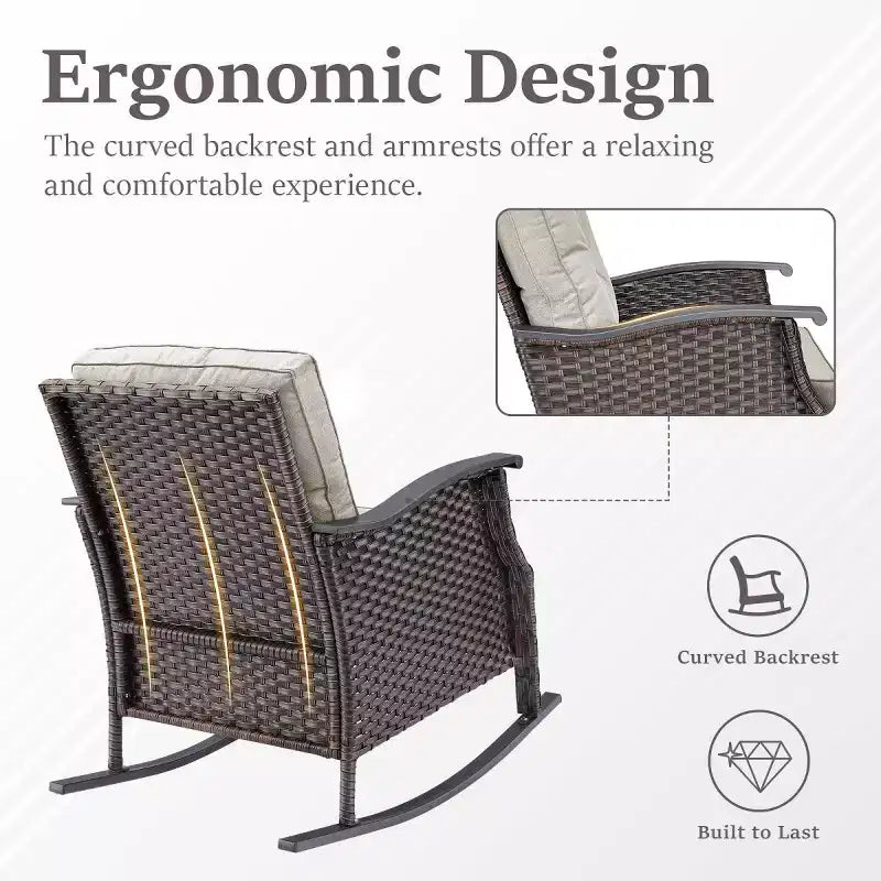 Ensemble de 2 chaises berçantes d'extérieur avec coussins, fauteuils à bascule de patio en osier gris résistant aux intempéries pour porche, jardin, terrasse ou arrière-cour-Panipeachy