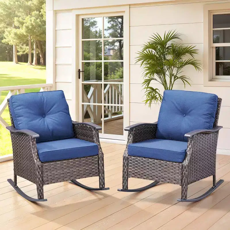 Ensemble de 2 chaises berçantes d'extérieur avec coussins, fauteuils à bascule de patio en osier gris résistant aux intempéries pour porche, jardin, terrasse ou arrière-cour-Panipeachy