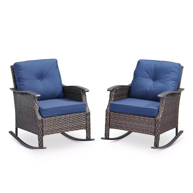 Ensemble de 2 chaises berçantes d'extérieur avec coussins, fauteuils à bascule de patio en osier gris résistant aux intempéries pour porche, jardin, terrasse ou arrière-cour-Panipeachy