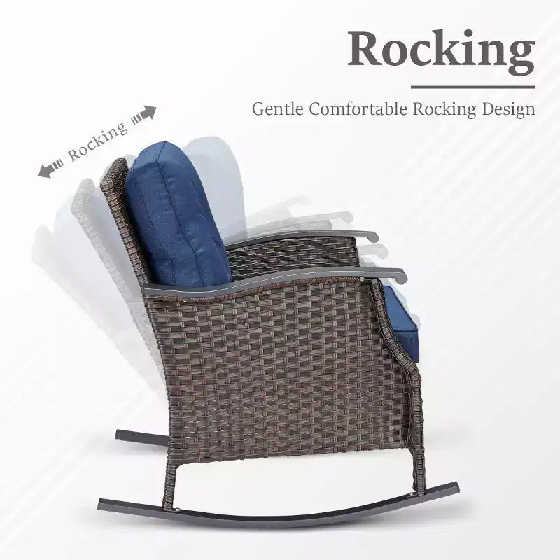Ensemble de 2 chaises berçantes d'extérieur avec coussins, fauteuils à bascule de patio en osier gris résistant aux intempéries pour porche, jardin, terrasse ou arrière-cour-Panipeachy