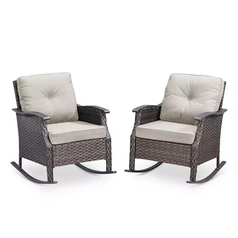 Ensemble de 2 chaises berçantes d'extérieur avec coussins, fauteuils à bascule de patio en osier gris résistant aux intempéries pour porche, jardin, terrasse ou arrière-cour-Panipeachy