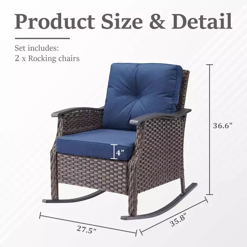 Ensemble de 2 chaises berçantes d'extérieur avec coussins, fauteuils à bascule de patio en osier gris résistant aux intempéries pour porche, jardin, terrasse ou arrière-cour-Panipeachy