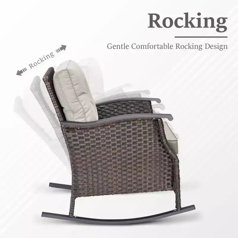 Ensemble de 2 chaises berçantes d'extérieur avec coussins, fauteuils à bascule de patio en osier gris résistant aux intempéries pour porche, jardin, terrasse ou arrière-cour-Panipeachy