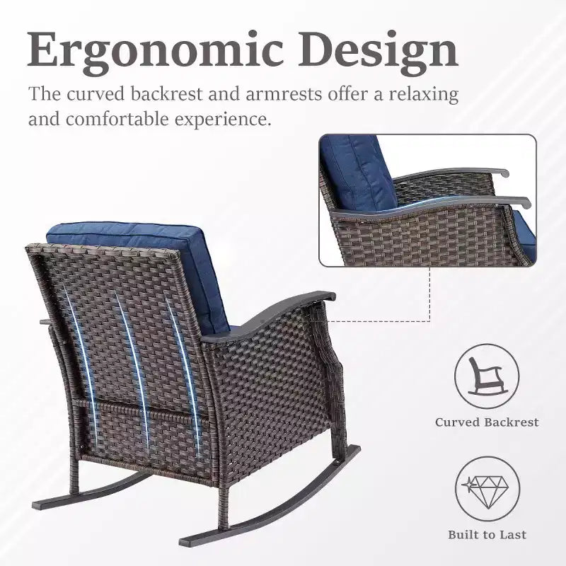 Ensemble de 2 chaises berçantes d'extérieur avec coussins, fauteuils à bascule de patio en osier gris résistant aux intempéries pour porche, jardin, terrasse ou arrière-cour-Panipeachy