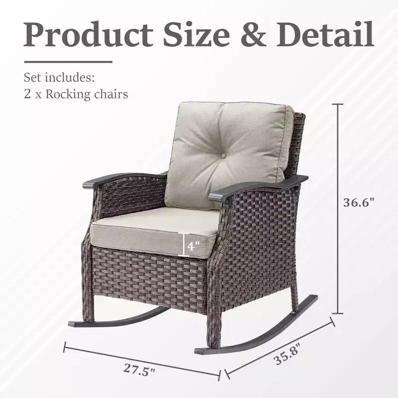Ensemble de 2 chaises berçantes d'extérieur avec coussins, fauteuils à bascule de patio en osier gris résistant aux intempéries pour porche, jardin, terrasse ou arrière-cour-Panipeachy