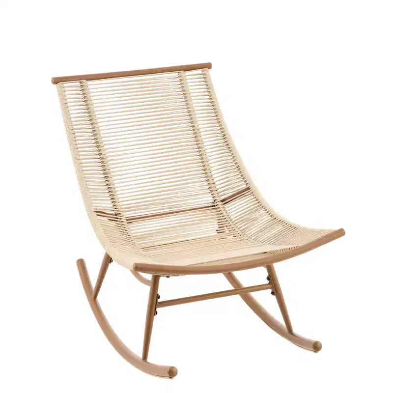 Fauteuil à bascule d'extérieur ModernLuxe, fauteuil à bascule de patio en rotin PE résistant aux intempéries avec cadre en métal robuste, chaise longue ergonomique incurvée, beige