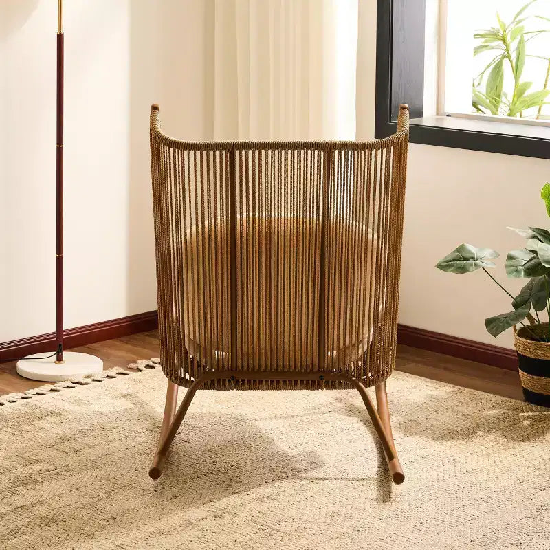 ModernLuxe Fauteuil à bascule d'extérieur avec dossier haut et coussin, bascule de patio en résine tressée, chaise longue moderne en osier