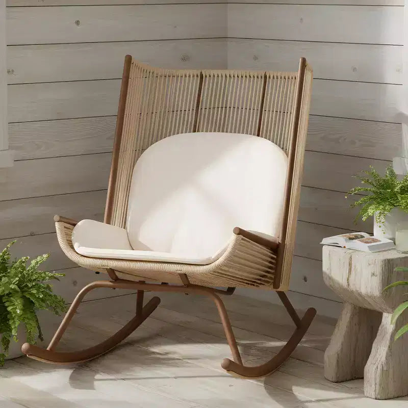 ModernLuxe Fauteuil à bascule d'extérieur avec dossier haut et coussin, bascule de patio en résine tressée, chaise longue moderne en osier