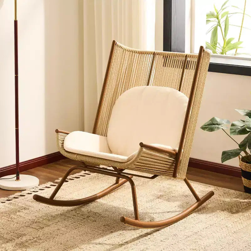 ModernLuxe Fauteuil à bascule d'extérieur avec dossier haut et coussin, bascule de patio en résine tressée, chaise longue moderne en osier
