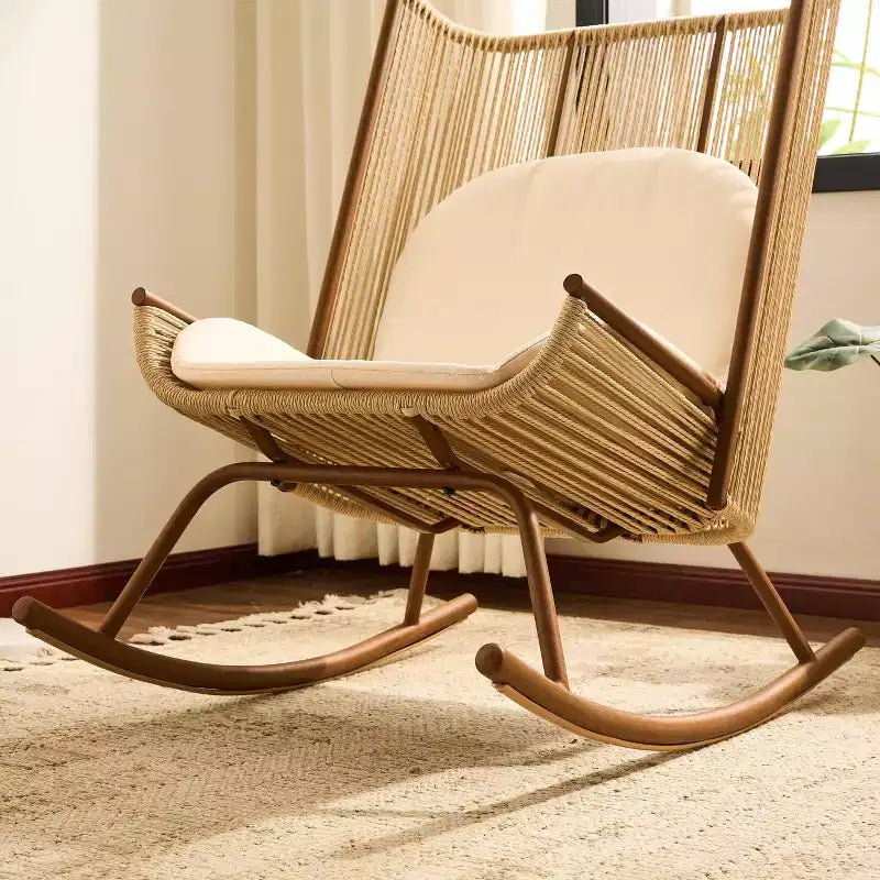 ModernLuxe Fauteuil à bascule d'extérieur avec dossier haut et coussin, bascule de patio en résine tressée, chaise longue moderne en osier