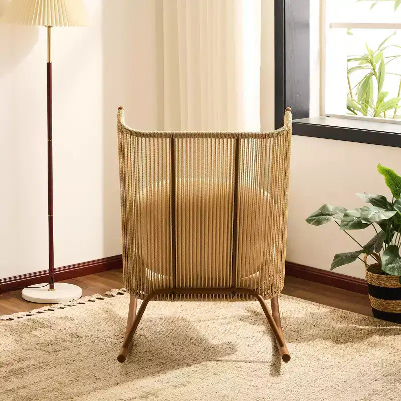 ModernLuxe Fauteuil à bascule d'extérieur avec dossier haut et coussin, bascule de patio en résine tressée, chaise longue moderne en osier