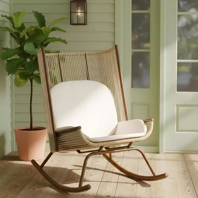 ModernLuxe Outdoor Rocking Chair with High Arc Backrest & Cushion, PE Rattan Patio Rocker, Modern Wicker Lounge Chair