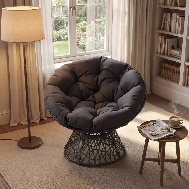 Gymax Fauteuil Papasan Pivotant à 360° en Rotin avec Coussin Épais et Cadre Métallique