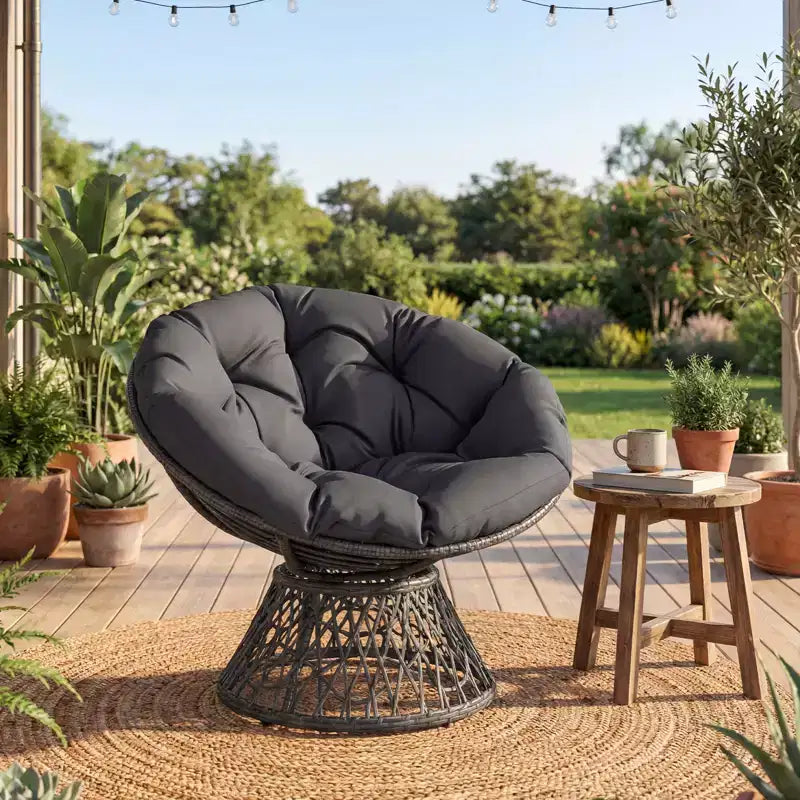 Gymax Fauteuil Papasan Pivotant à 360° en Rotin avec Coussin Épais et Cadre Métallique