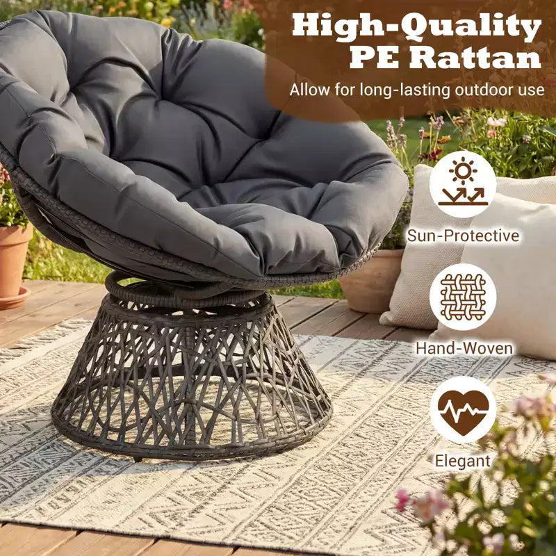 Gymax Fauteuil Papasan Pivotant à 360° en Rotin avec Coussin Épais et Cadre Métallique