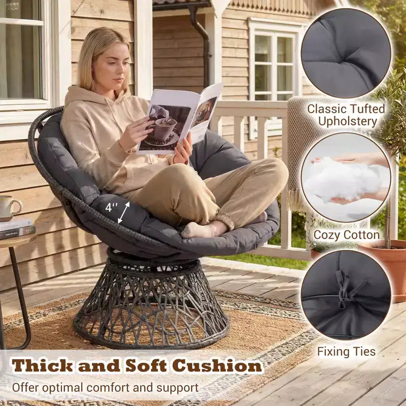 Gymax Fauteuil Papasan Pivotant à 360° en Rotin avec Coussin Épais et Cadre Métallique